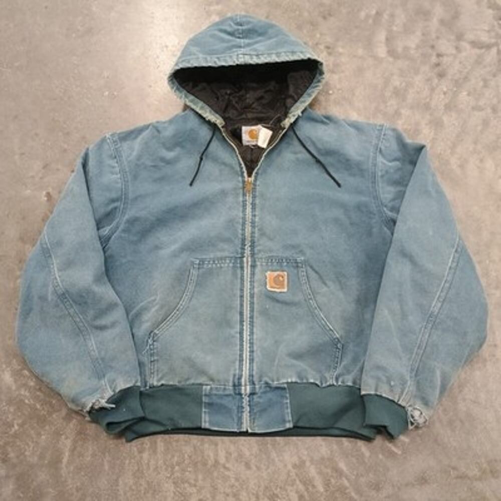 Vintage Carhartt JQ296 Teal Aqua Blue Jacket Hooded Faded Mens XL Distressed
